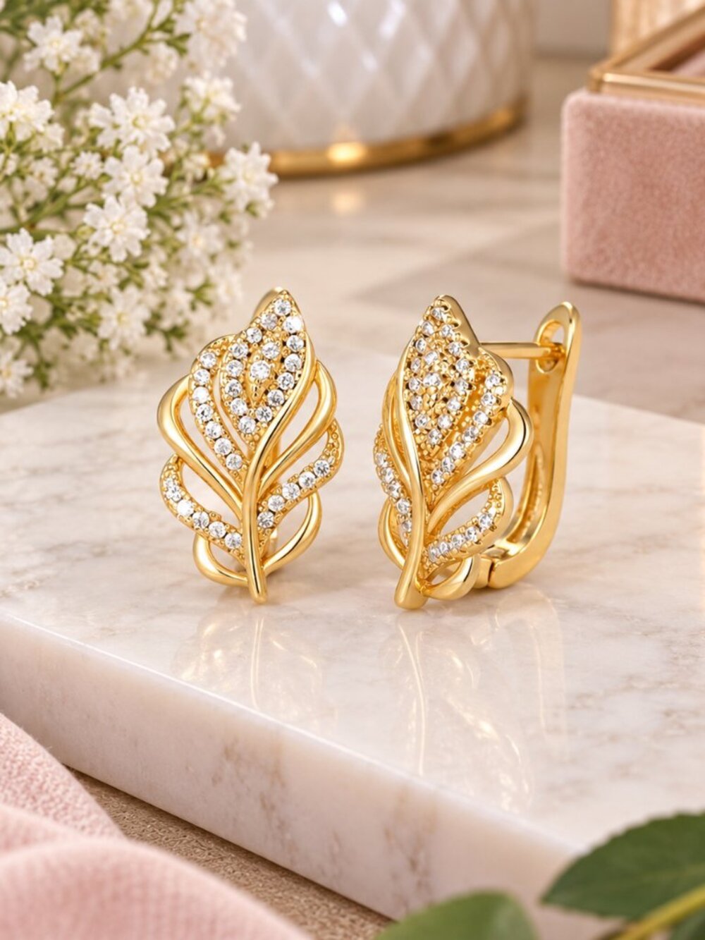 Gold Leaf Hoop Earrings 2CT Simulated Diamond 0.71” NWT